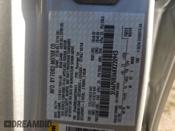 2019 Ford Fusion Titanium with VIN 3FA6P0RU6KR220943, listed as a Copart auction lot 49444833 with 42,622 mi miles and . Bid and sale history available at DreamBid. Image 14.