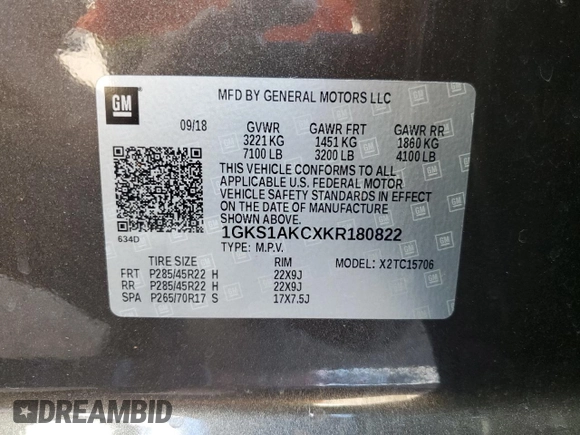 2019 GMC Yukon SLE with VIN 1GKS1AKCXKR180822, listed as a Copart auction lot 65473024 with 76,366 mi miles and Non Repairable. Bid and sale history available at carsss.com. Image 15.