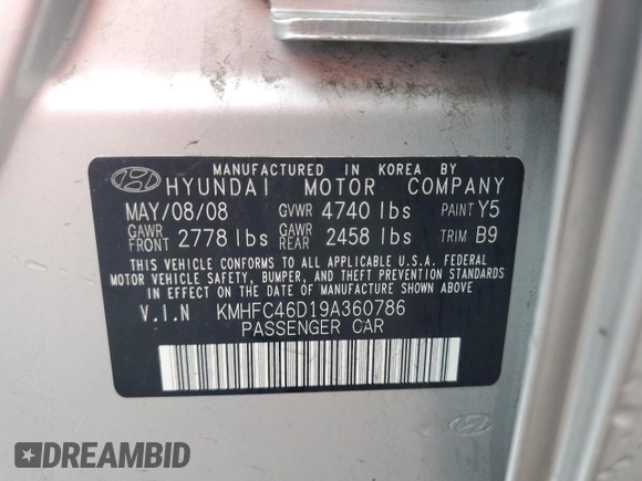 2009 Hyundai Azera GLS with VIN KMHFC46D19A360786, listed as a Copart auction lot 63695005 with 102,733 mi miles and Clean title. Bid and sale history available at DreamBid. Image 13.
