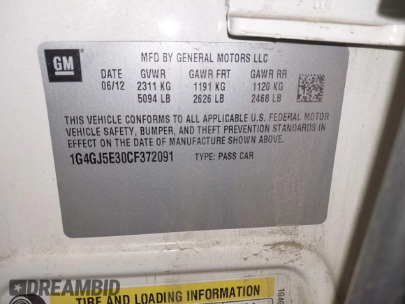 2012 Buick LaCrosse Touring with VIN 1G4GJ5E30CF372091, listed as a IAAI auction lot 41251119 with 45,004 mi miles and . Bid and sale history available at DreamBid. Image 9.