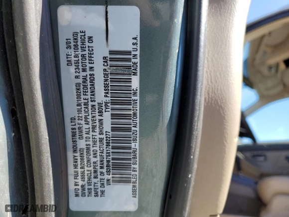 2001 Subaru Legacy Wagon Outback w/RL Equip with VIN 4S3BH675X17662277, listed as a Copart auction lot 75494904 with 178,829 mi miles and Salvage Title. Bid and sale history available at carsss.com. Image 12.