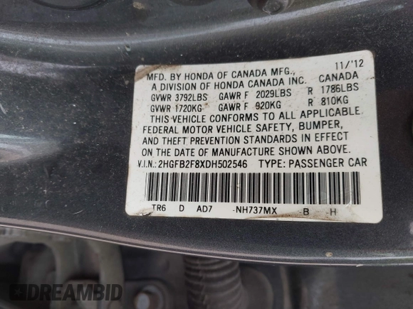 2013 Honda Civic EX with VIN 2HGFB2F8XDH502546, listed as a IAAI auction lot 42220799 with 252,887 mi miles and . Bid and sale history available at DreamBid. Image 9.