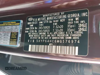 2021 Kia Telluride S with VIN 5XYP64HC6MG176974, listed as a Copart auction lot 56170455 with 66,454 mi miles and Salvage title. Bid and sale history available at DreamBid. Image 13.