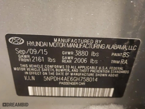 2016 Hyundai Elantra SE with VIN 5NPDH4AE6GH758014, listed as a IAAI auction lot 41381937 with 46,184 mi miles. Bid and sale history available at carsss.com. Image 9.