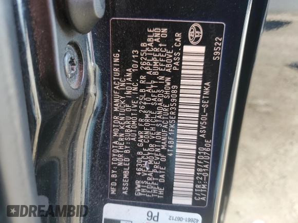 2014 Toyota Camry L with VIN 4T4BF1FK5ER359089, listed as a Copart auction lot 49056785 with 254,582 mi miles and Salvage Title. Bid and sale history available at carsss.com. Image 14.