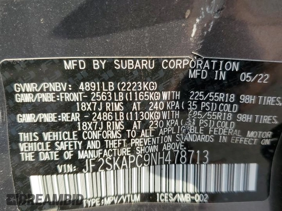 2022 Subaru Forester Limited z VIN JF2SKAPC9NH478713, wystawiony jako Copart lot #63680095 z przebiegiem Nie podano mil oraz Szkoda całkowita • Salvage title. Historia ofert i sprzedaży dostępna na DreamBid. Obrazek 12.