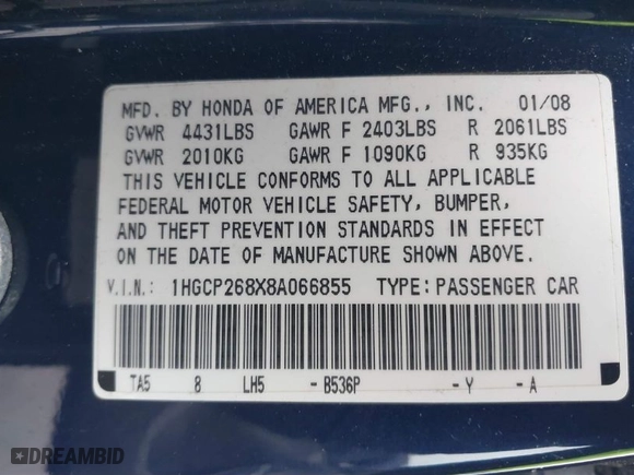 2008 Honda Accord Sdn EX-L with VIN 1HGCP268X8A066855, listed as a IAAI auction lot 41571967 with 171843 miles. Bid and sale history available at carsss.com. Image 9.