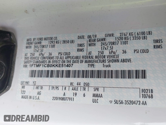 2019 Ford F-150 XL with VIN 1FTMF1CB0KKE51407, listed as a IAAI auction lot 41911128 with 135,119 mi miles and . Bid and sale history available at DreamBid. Image 9.