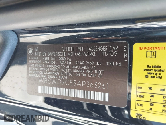 2010 BMW M3 with VIN WBSWD9C55AP363261, listed as a IAAI auction lot 42317114 with 120,180 mi miles and . Bid and sale history available at DreamBid. Image 9.