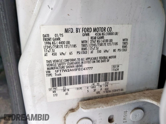 2015 Ford F-250 XL with VIN 1FT7W2A65FEC43777, listed as a Copart auction lot 59319115 with 114,640 mi miles and Clean title. Bid and sale history available at DreamBid. Image 13.