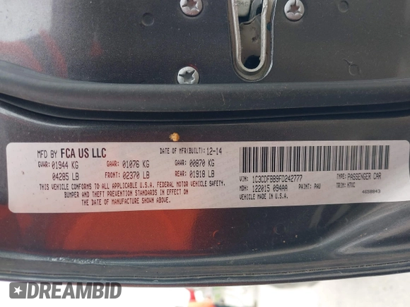 2015 Dodge Dart SXT with VIN 1C3CDFBB9FD242777, listed as a IAAI auction lot 42078230 with 125,905 mi miles. Bid and sale history available at carsss.com. Image 9.