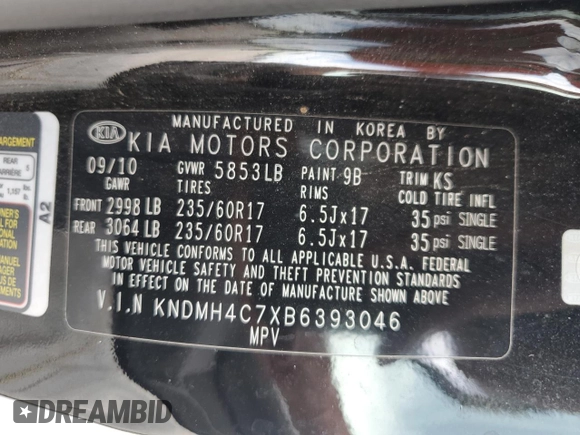 2011 Kia Sedona EX with VIN KNDMH4C7XB6393046, listed as a Copart auction lot 53844675 with 139,087 mi miles and Salvage Title. Bid and sale history available at DreamBid. Image 14.