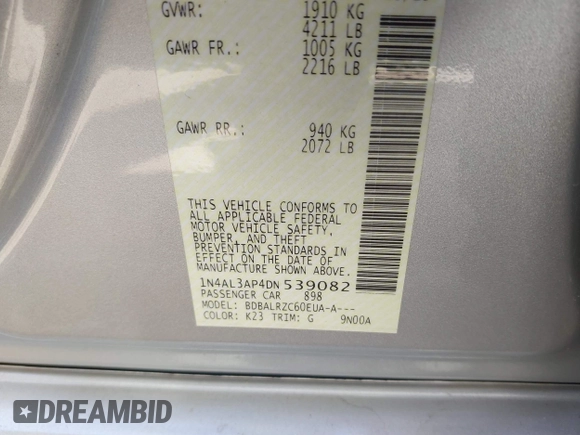 2013 Nissan Altima SV with VIN 1N4AL3AP4DN539082, listed as a IAAI auction lot 41848939 with 142,294 mi miles and . Bid and sale history available at carsss.com. Image 9.