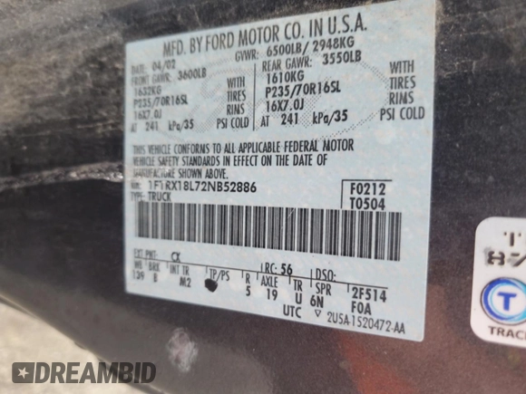 2002 Ford F-150 XL with VIN 1FTRX18L72NB52886, listed as a Copart auction lot 59914175 with Not provided miles and Salvage title. Bid and sale history available at DreamBid. Image 12.