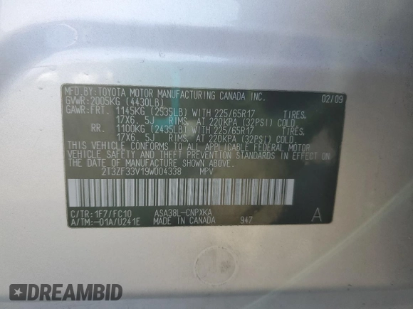 2009 Toyota RAV4 with VIN 2T3ZF33V19W004338, listed as a Copart auction lot 51207915 with 178,262 mi miles and Salvage Title. Bid and sale history available at DreamBid. Image 13.