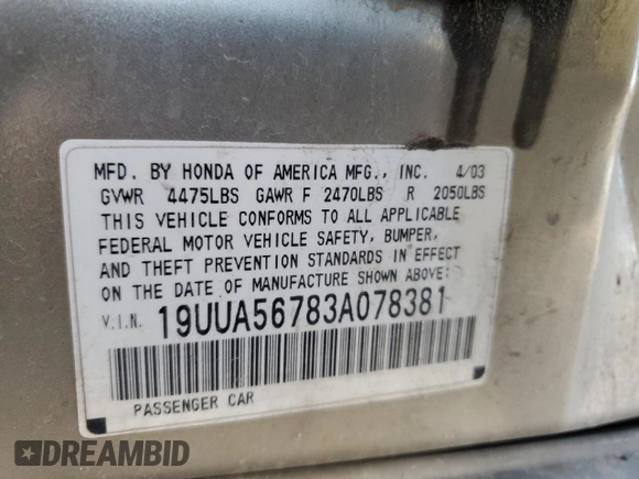 2003 Acura TL w/Navigation System with VIN 19UUA56783A078381, listed as a Copart auction lot 46365015 with 206,307 mi miles and Salvage Title. Bid and sale history available at carsss.com. Image 14.