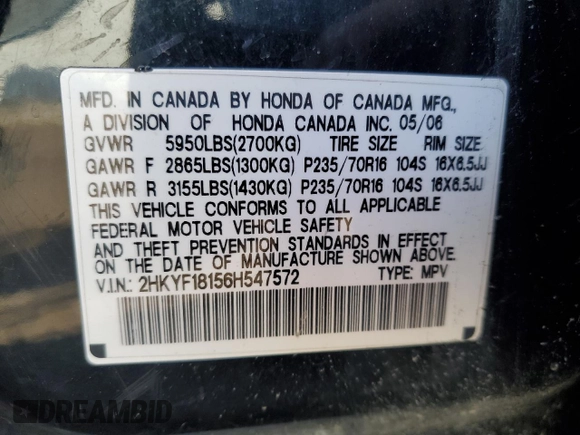 2006 Honda Pilot LX with VIN 2HKYF18156H547572, listed as a Copart auction lot 48314385 with 167,943 mi miles and Clean Title. Bid and sale history available at carsss.com. Image 15.
