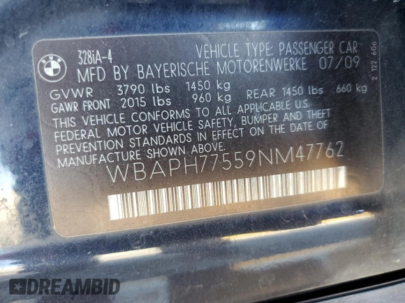 2009 BMW 3 Series 328i z VIN WBAPH77559NM47762, wystawiony jako Copart lot #85077774 z przebiegiem 215 502 mil mil oraz Szkoda całkowita • Salvage title. Historia ofert i sprzedaży dostępna na DreamBid. Obrazek 12.
