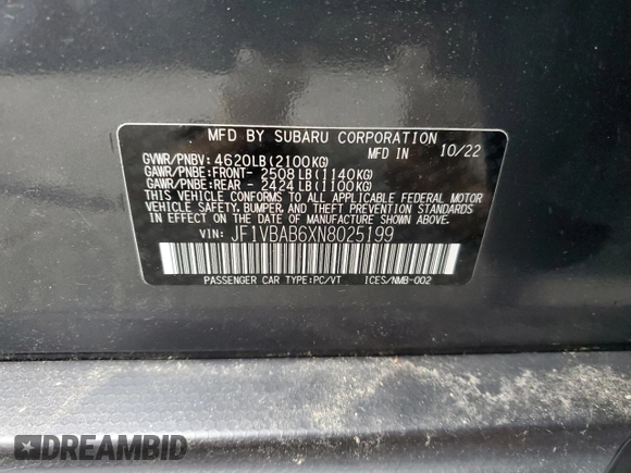 2022 Subaru WRX z VIN JF1VBAB6XN8025199, wystawiony jako Copart lot #87455664 z przebiegiem 26 974 mil mil oraz Tytuł czysty. Historia ofert i sprzedaży dostępna na DreamBid. Obrazek 12.