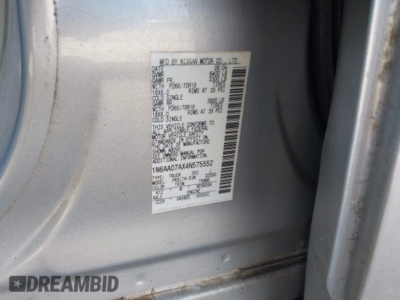 2004 Nissan Titan LE with VIN 1N6AA07AX4N575552, listed as a IAAI auction lot 41994360 with 258,524 mi miles and . Bid and sale history available at DreamBid. Image 9.