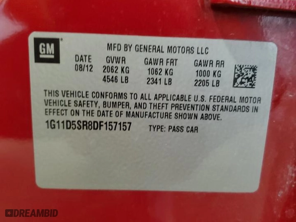 2013 Chevrolet Malibu ECO with VIN 1G11D5SR8DF157157, listed as a Copart auction lot 54393715 with 83,618 mi miles and Clean Title. Bid and sale history available at carsss.com. Image 12.