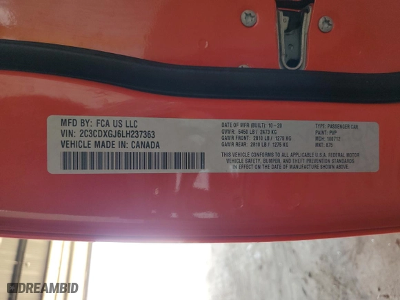 2020 Dodge Charger Scat Pack with VIN 2C3CDXGJ6LH237363, listed as a Copart auction lot 52633055 with 65,107 mi miles and Salvage Title. Bid and sale history available at carsss.com. Image 13.
