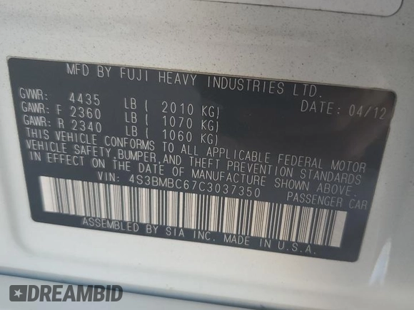 2012 Subaru Legacy Premium с VIN 4S3BMBC67C3037350, выставлен на аукционе Copart как лот 55862405 с пробегом 154 454 миль миль и Списание • Salvage title. История ставок и продаж доступна на DreamBid. Изображение 12.