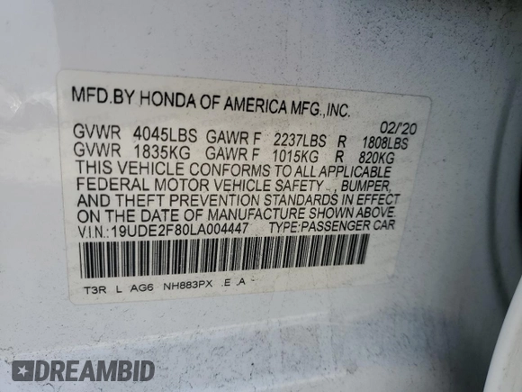 2020 Acura ILX w/Premium/A-SPEC Pkg with VIN 19UDE2F80LA004447, listed as a Copart auction lot 48059815 with 79,542 mi miles and Salvage Title. Bid and sale history available at carsss.com. Image 14.