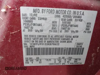 2003 Ford Escape XLT Popular 2 with VIN 1FMYU93153KB78622, listed as a IAAI auction lot 42342301 with Not provided miles and . Bid and sale history available at DreamBid. Image 9.