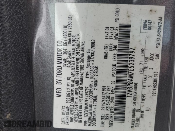 2014 Ford Mustang V6 with VIN 1ZVBP8AM7E5239797, listed as a Copart auction lot 52607885 with 101,133 mi miles and Salvage Title. Bid and sale history available at carsss.com. Image 12.