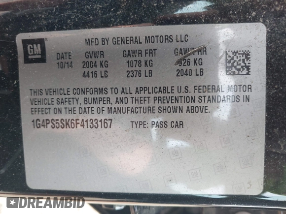 2015 Buick Verano Group with VIN 1G4PS5SK6F4133167, listed as a IAAI auction lot 42468482 with 44,811 mi miles and . Bid and sale history available at DreamBid. Image 9.