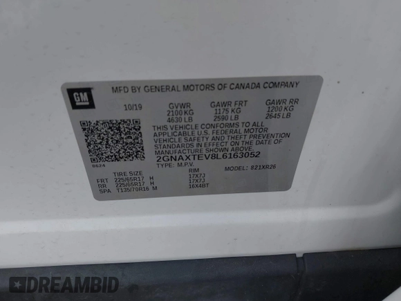 2020 Chevrolet Equinox LT with VIN 2GNAXTEV8L6163052, listed as a IAAI auction lot 42497070 with 107,779 mi miles and . Bid and sale history available at DreamBid. Image 9.