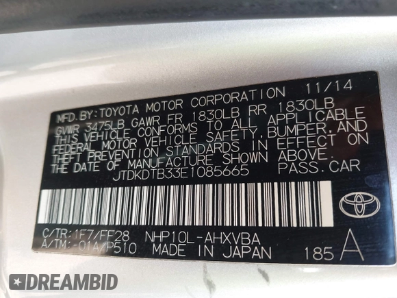 2014 Toyota Prius One with VIN JTDKDTB33E1085665, listed as a IAAI auction lot 41703055 with 135,129 mi miles and . Bid and sale history available at DreamBid. Image 9.