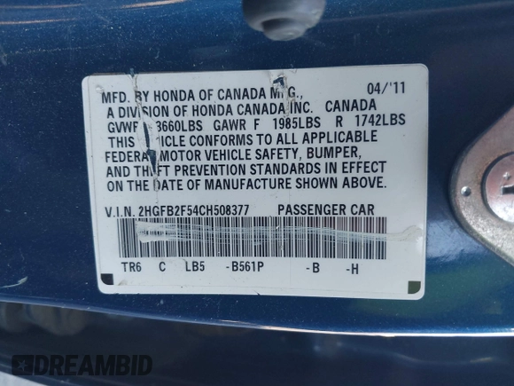 2012 Honda Civic LX с VIN 2HGFB2F54CH508377, выставлен на аукционе IAAI как лот 41654718 с пробегом 208 572 миль миль и . История ставок и продаж доступна на DreamBid. Изображение 9.