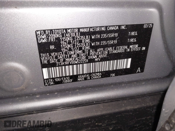 2025 Toyota RAV4 XLE Premium z VIN 2T3A1RFV9SW522259, wystawiony jako IAAI lot #42101238 z przebiegiem 1 479 mil mil oraz . Historia ofert i sprzedaży dostępna na DreamBid. Obrazek 9.