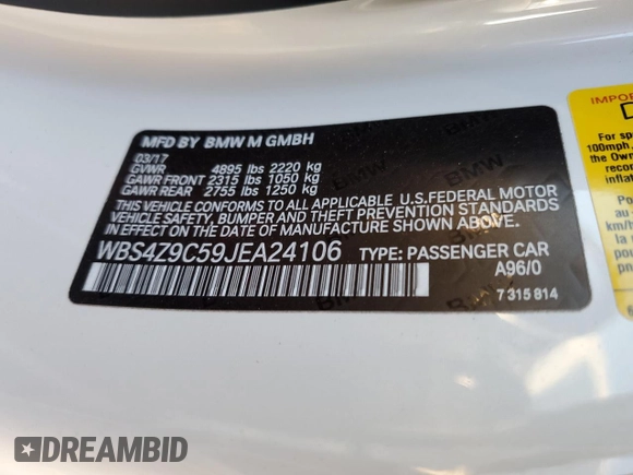 2018 BMW M4 with VIN WBS4Z9C59JEA24106, listed as a Copart auction lot 86923274 with 24,235 mi miles and Salvage title. Bid and sale history available at DreamBid. Image 13.
