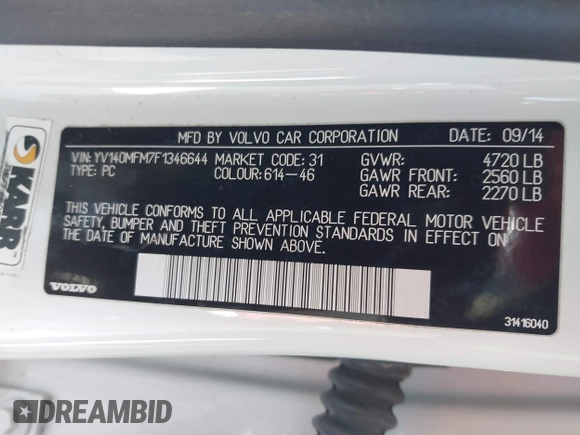 2015 Volvo S60 T5 Drive-E Platinum with VIN YV140MFM7F1346644, listed as a IAAI auction lot 41984716 with 78,210 mi miles. Bid and sale history available at carsss.com. Image 9.