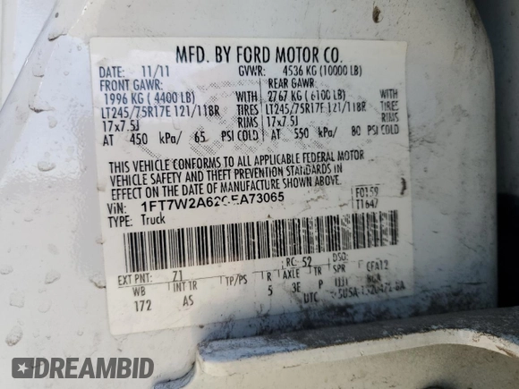 2012 Ford F-250 XL with VIN 1FT7W2A62CEA73065, listed as a Copart auction lot 76014634 with 162,703 mi miles and Salvage title. Bid and sale history available at DreamBid. Image 13.