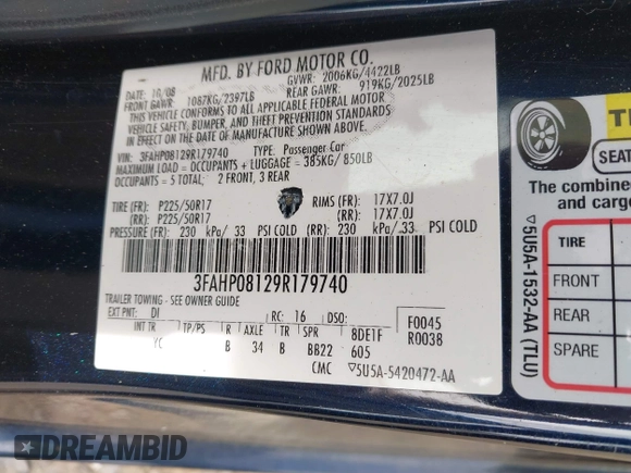 2009 Ford Fusion SEL with VIN 3FAHP08129R179740, listed as a IAAI auction lot 42114444 with 93,290 mi miles. Bid and sale history available at carsss.com. Image 9.