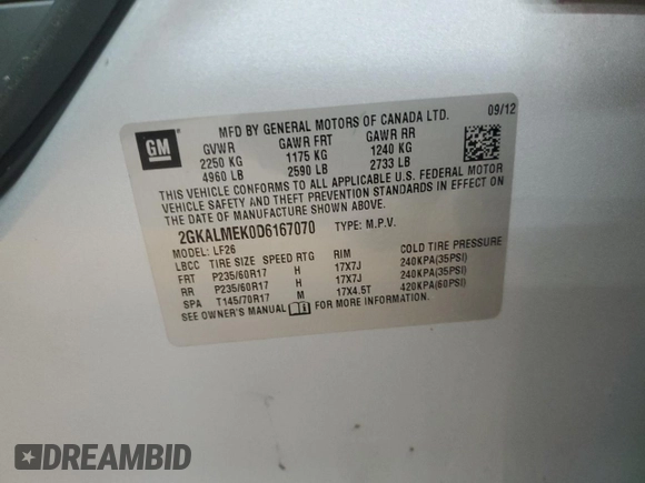 2013 GMC Terrain SLE with VIN 2GKALMEK0D6167070, listed as a Copart auction lot 60971045 with 150,642 mi miles and Salvage title. Bid and sale history available at DreamBid. Image 13.