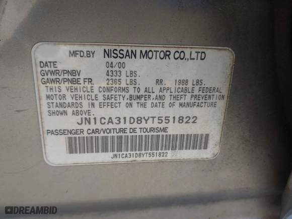 2000 Nissan Maxima GXE with VIN JN1CA31D8YT551822, listed as a IAAI auction lot 41845010 with 297,479 mi miles. Bid and sale history available at carsss.com. Image 9.