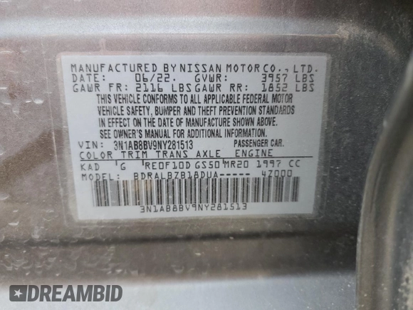 2022 Nissan Sentra S with VIN 3N1AB8BV9NY281513, listed as a Copart auction lot 82702674 with 51,051 mi miles and Salvage Title. Bid and sale history available at carsss.com. Image 13.