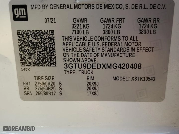 2021 GMC Sierra 1500 SLT with VIN 3GTU9DEDXMG420408, listed as a Copart auction lot 88585485 with 0 mi miles and Salvage Title. Bid and sale history available at carsss.com. Image 13.