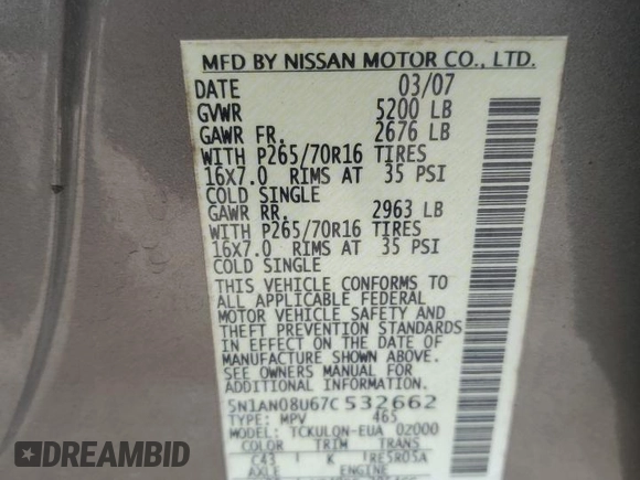 2007 Nissan Xterra SE z VIN 5N1AN08U67C532662, wystawiony jako Copart lot #82249004 z przebiegiem 151 718 mil mil oraz Szkoda całkowita • Salvage title. Historia ofert i sprzedaży dostępna na DreamBid. Obrazek 13.