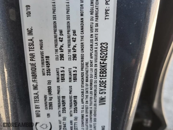 2019 Tesla Model 3 Long Range with VIN 5YJ3E1EB8KF452023, listed as a Copart auction lot 47389285 with 123,488 mi miles and Salvage Title. Bid and sale history available at carsss.com. Image 13.