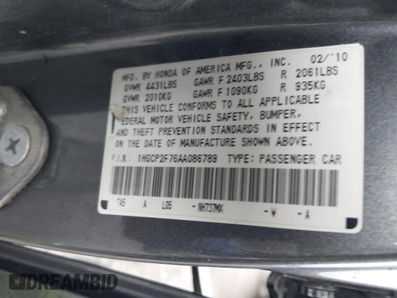 2010 Honda Accord EX with VIN 1HGCP2F76AA086789, listed as a IAAI auction lot 42688436 with 295,080 mi miles and . Bid and sale history available at DreamBid. Image 9.