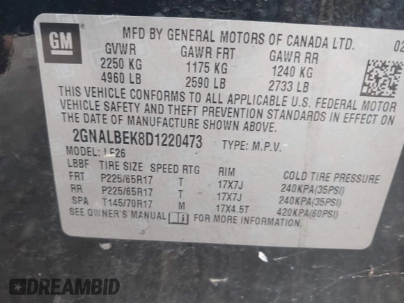 2013 Chevrolet Equinox LS z VIN 2GNALBEK8D1220473, wystawiony jako IAAI lot #41734800 z przebiegiem 211 391 mil mil oraz . Historia ofert i sprzedaży dostępna na DreamBid. Obrazek 9.