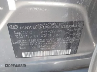 2013 Hyundai Sonata GLS with VIN 5NPEB4AC3DH595421, listed as a IAAI auction lot 42072919 with Not Provided miles and . Bid and sale history available at DreamBid. Image 9.