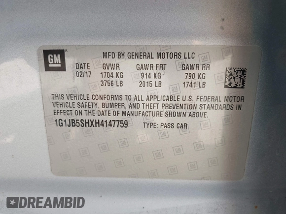 2017 Chevrolet Sonic LS with VIN 1G1JB5SHXH4147759, listed as a IAAI auction lot 42293433 with 167,747 mi miles and . Bid and sale history available at DreamBid. Image 9.