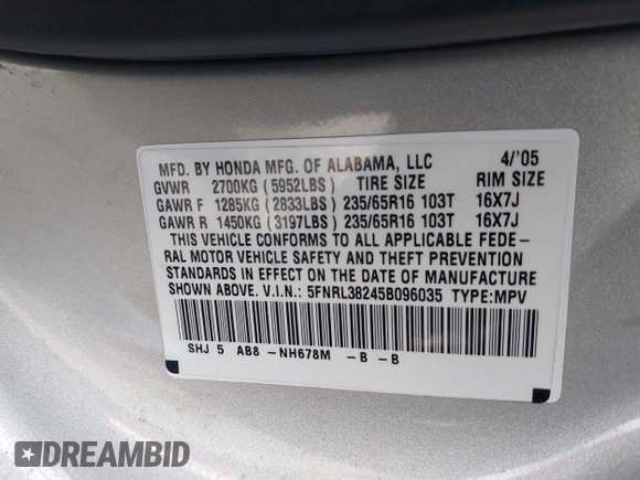2005 Honda Odyssey LX with VIN 5FNRL38245B096035, listed as a IAAI auction lot 41998823 with 209,177 mi miles. Bid and sale history available at carsss.com. Image 9.
